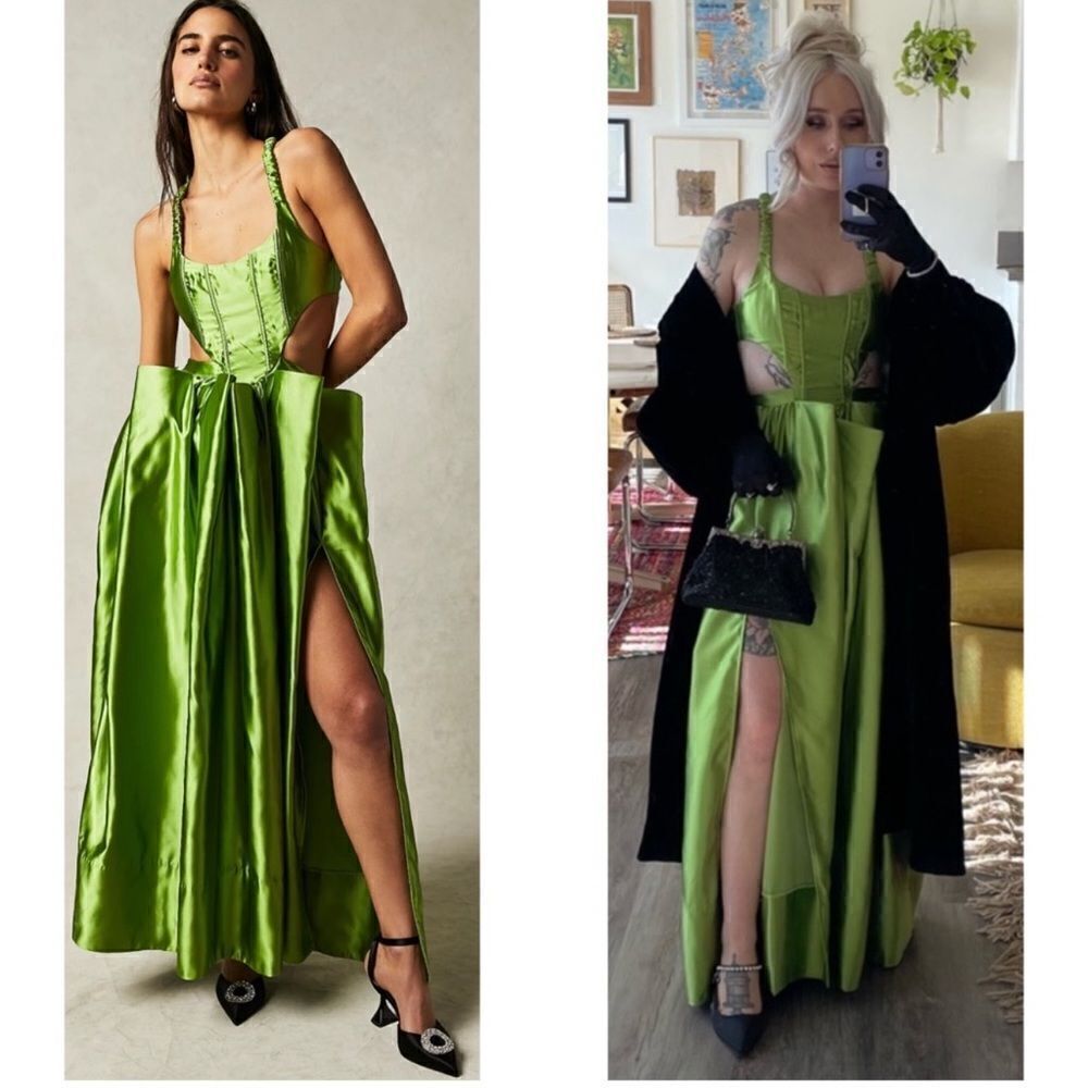 NEW For Love and Lemons Virginia Exaggerated Pleated Cutout Maxi Dress Green Med